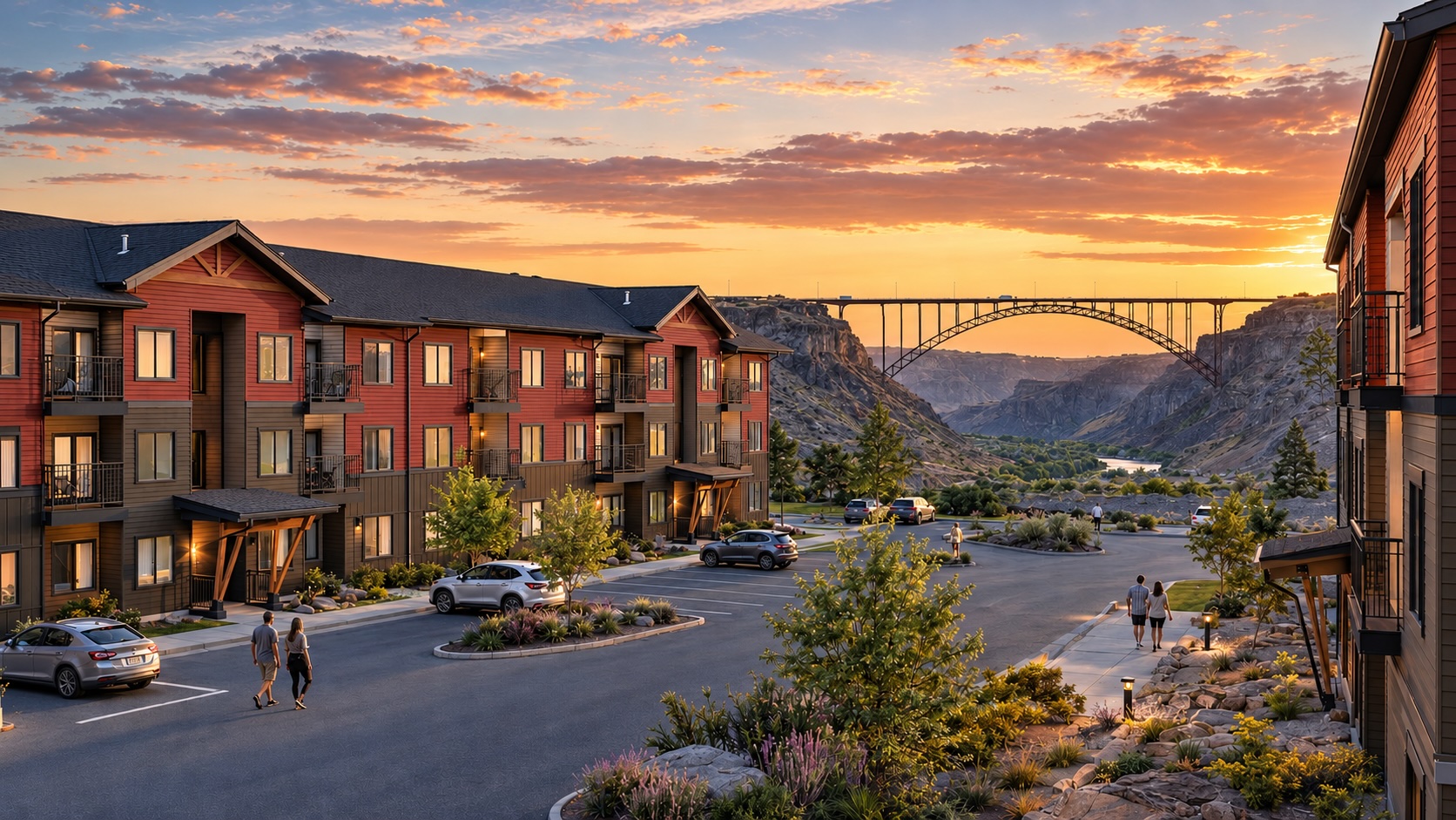 Argyle Canyon Rim apartments at sunset, with the Perrine Bridge spanning the Snake River Canyon