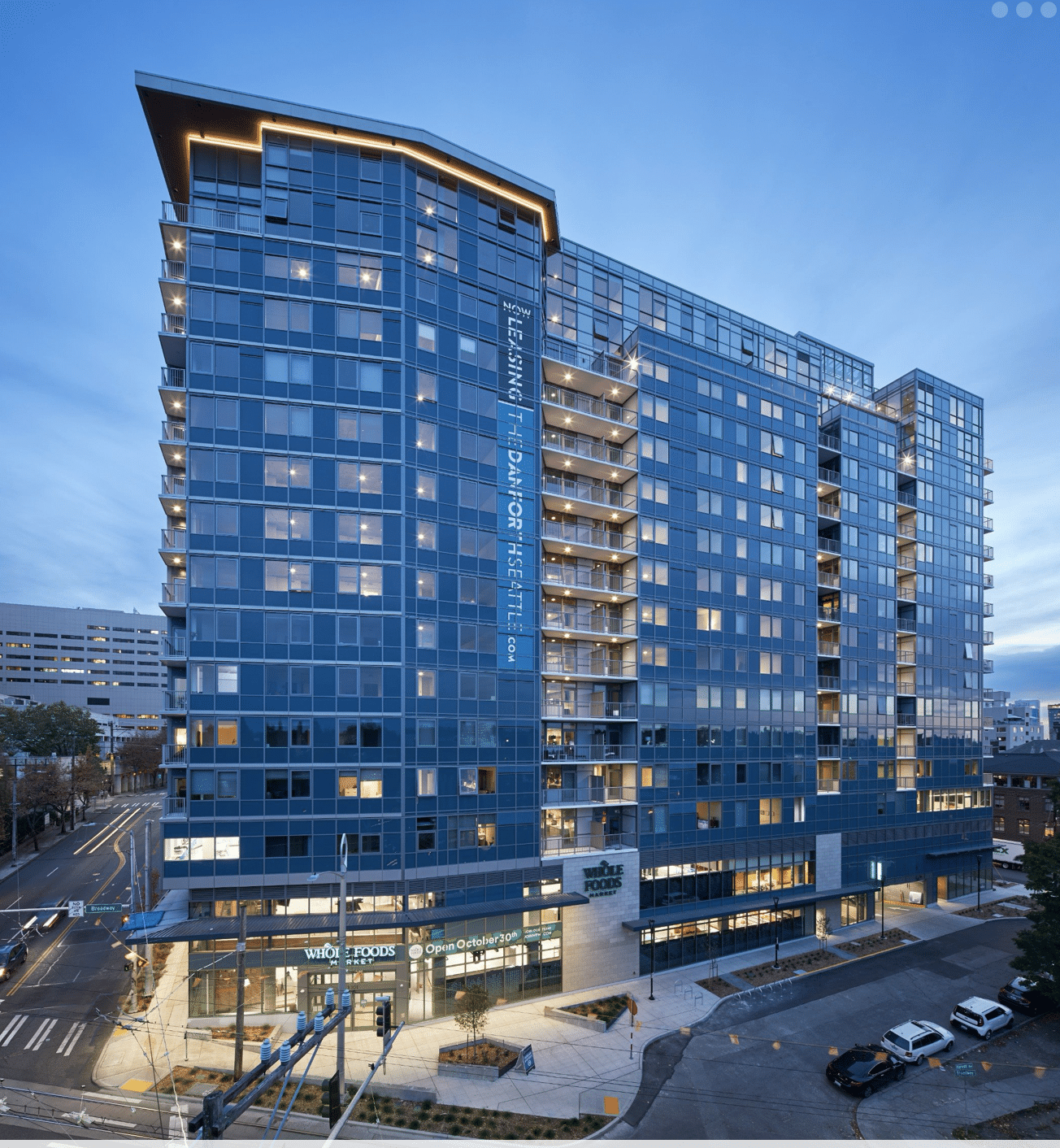 The Danforth apartment tower in Seattle, Washington, lit at dusk