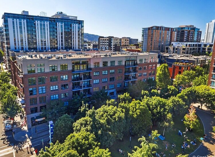 Aerial view of a brick mid-rise apartment building beside a tree-filled urban park