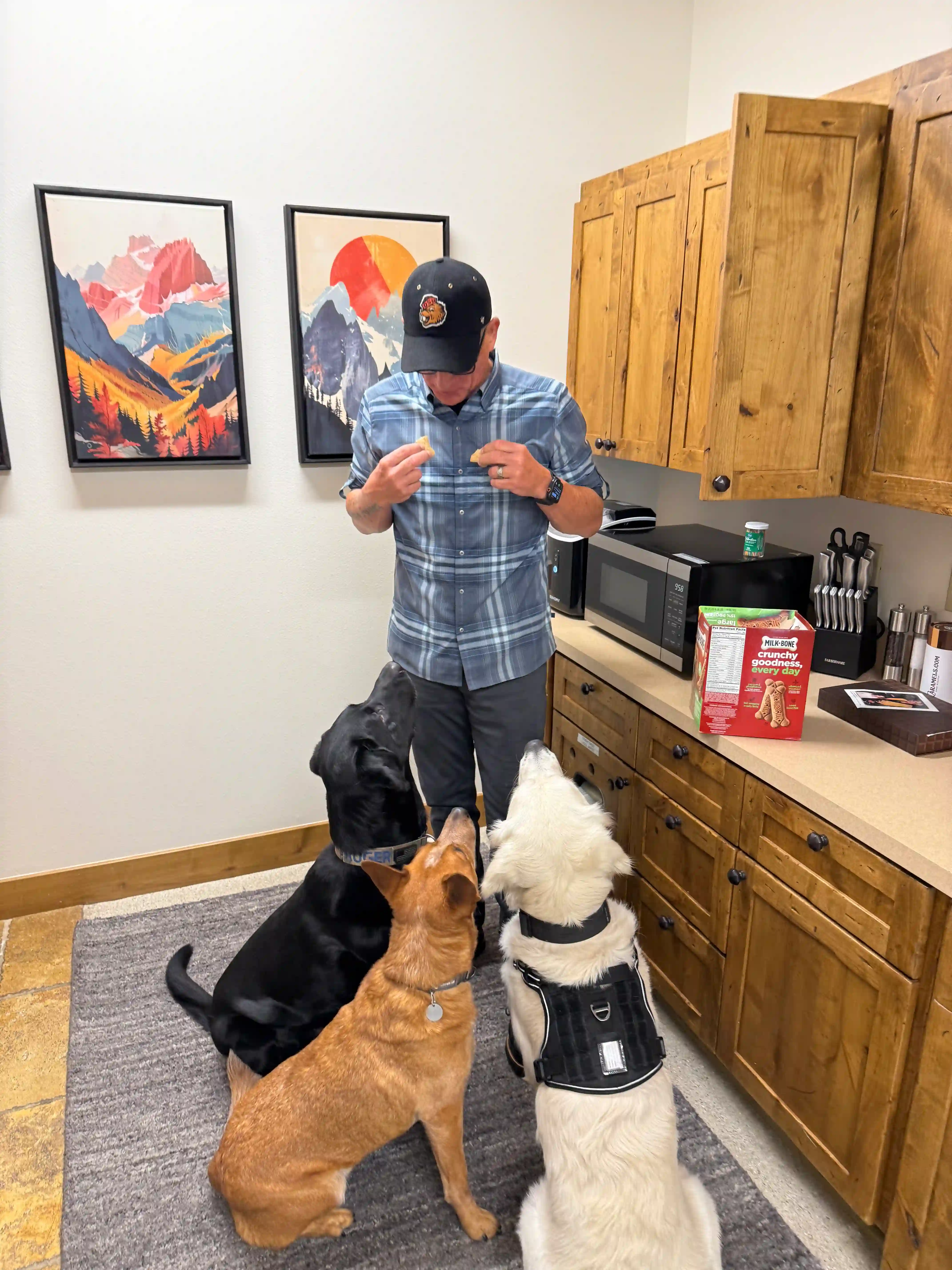 Bill giving treats to Ruger, Dale, and Finn in the office kitchen
